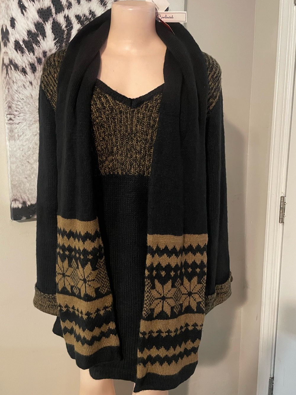 Vintage Carducci knit set Sweater Top Wool  Nordic Snowflake scarf drape collar